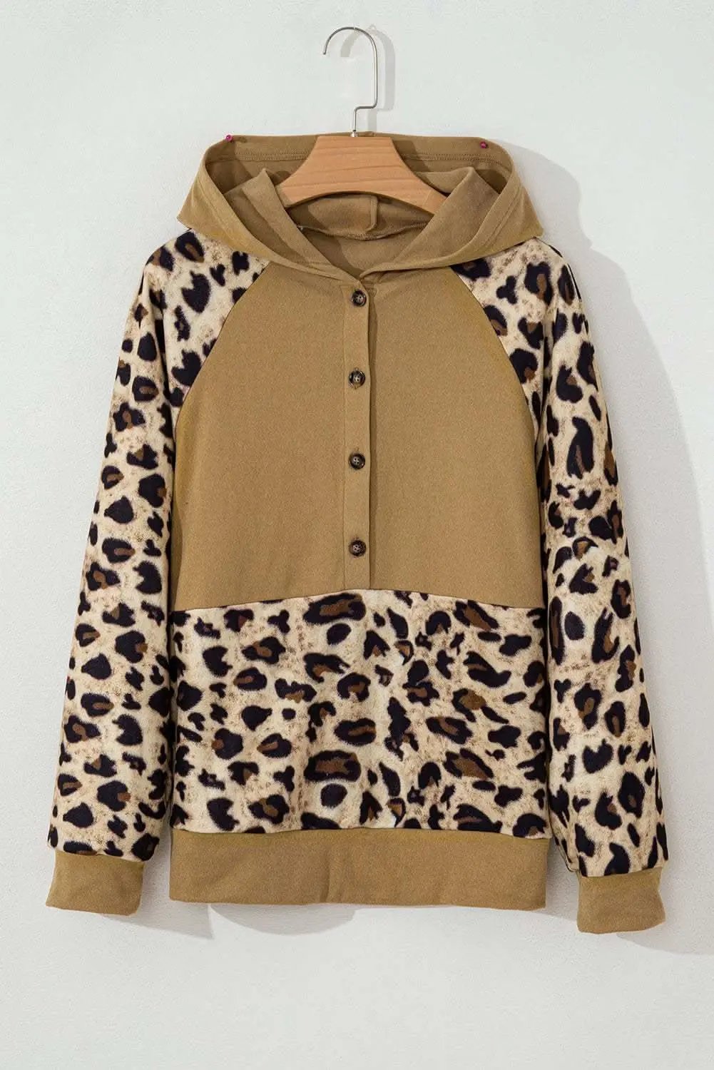 Light French Beige Leopard Print Patchwork Raglan Sleeve Half Buttons Hoodie - Love Salve